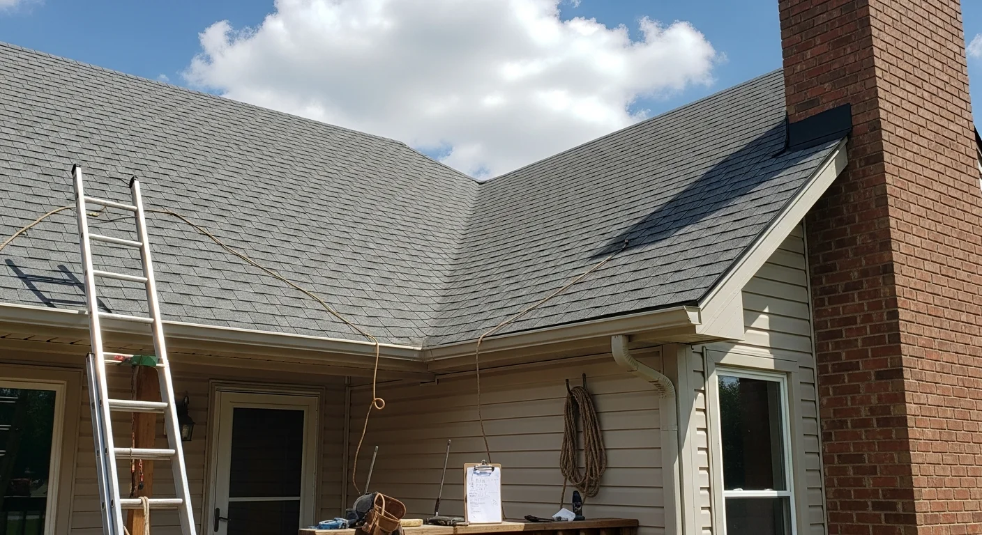 Roofer installing shingles on residential home roof