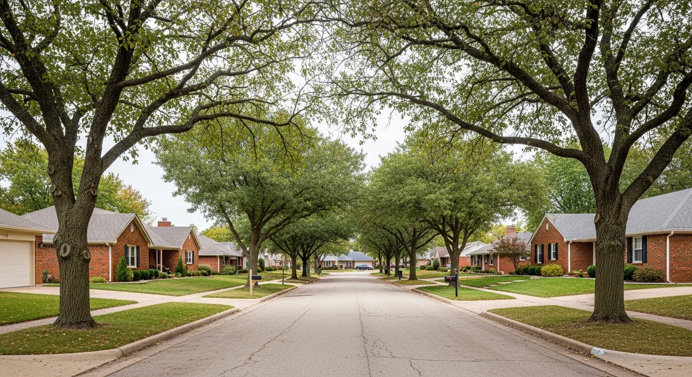 Residential street in Shawnee with mature trees and brick homes typical of the city's established neighborhoods.