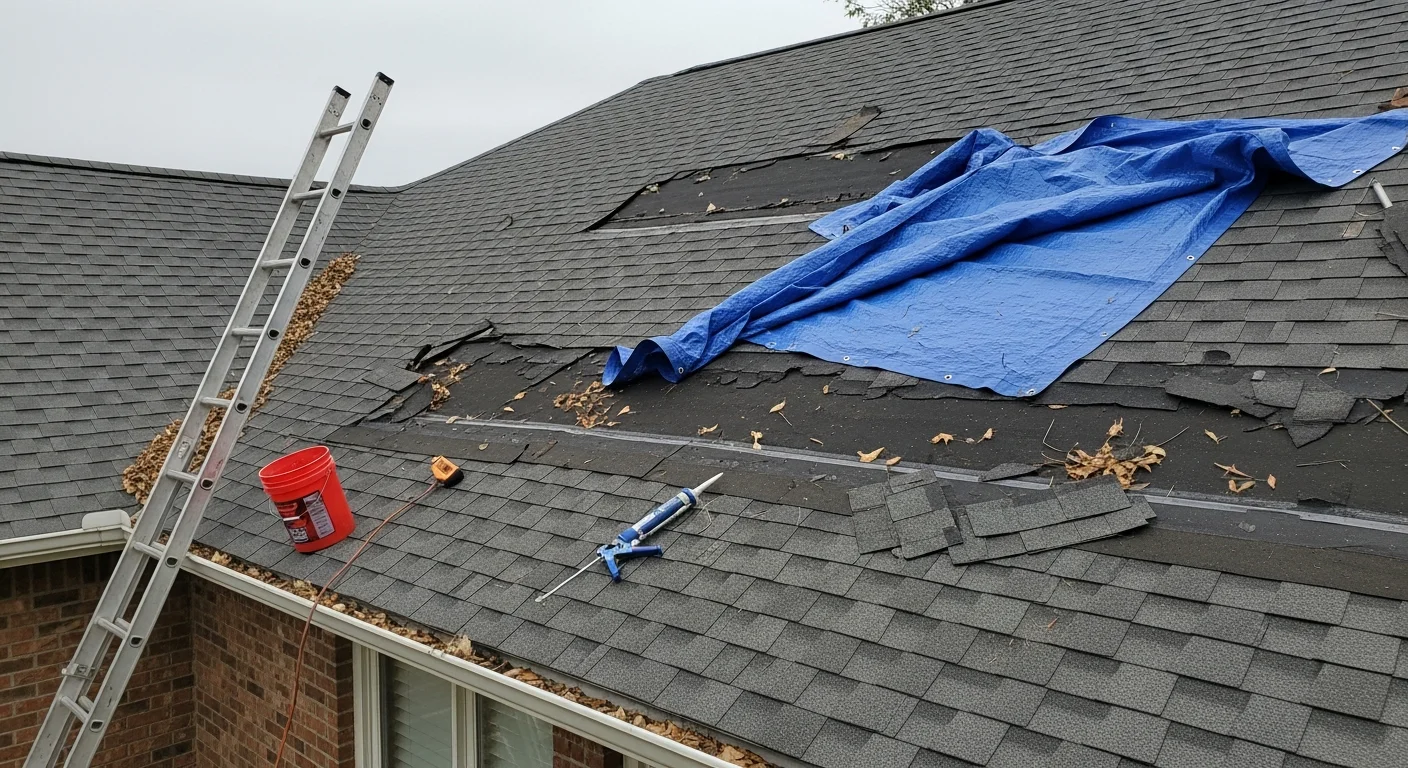 A Shawnee, KS residential roof with storm-damaged shingles being repaired by a roofing contractor after a hail event. Missing and cracked shingles are visible along the slope, with a repair crew working to replace the damaged sections.