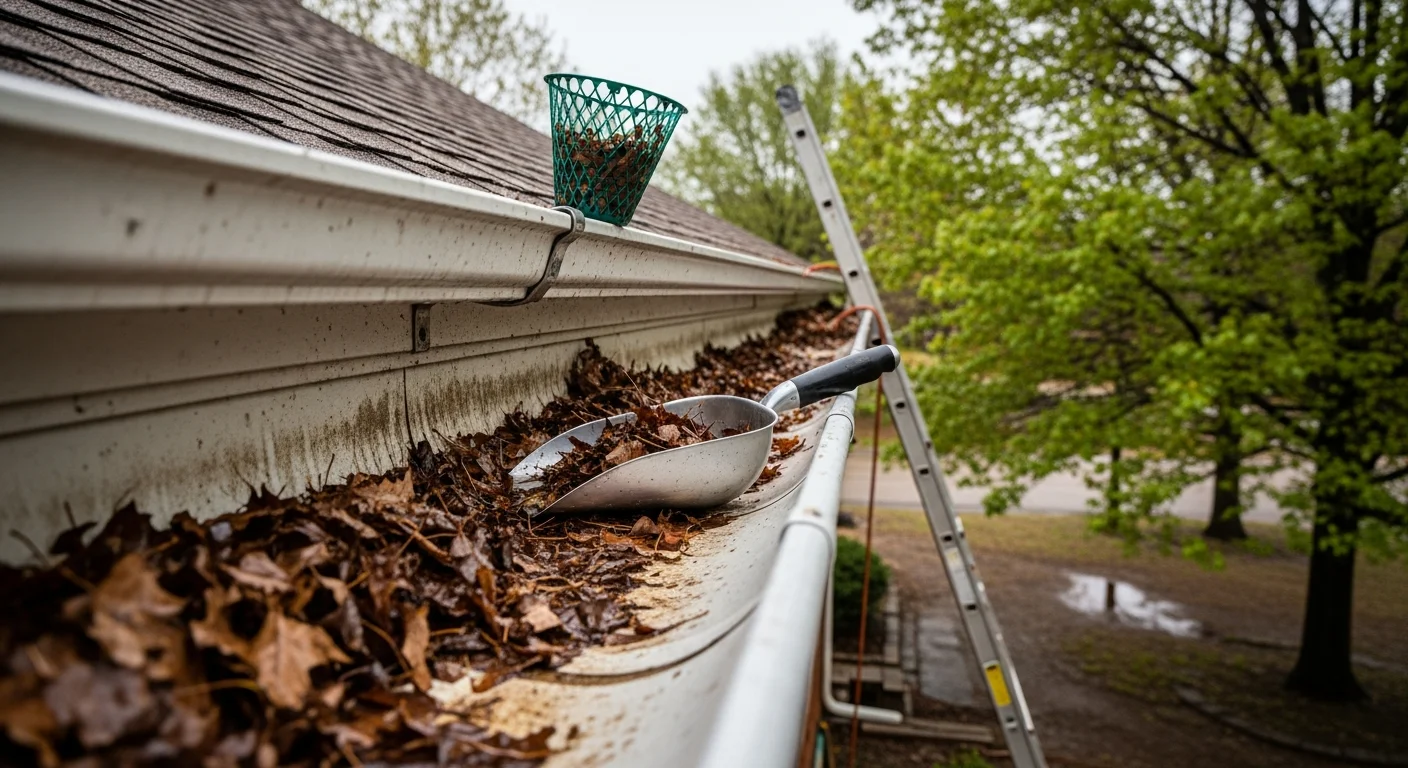 A 1A Roofing technician removing packed leaf and debris buildup from a residential gutter on a Shawnee, Kansas home. The cleaned gutter section shows clear, open channels ready for water flow after service.