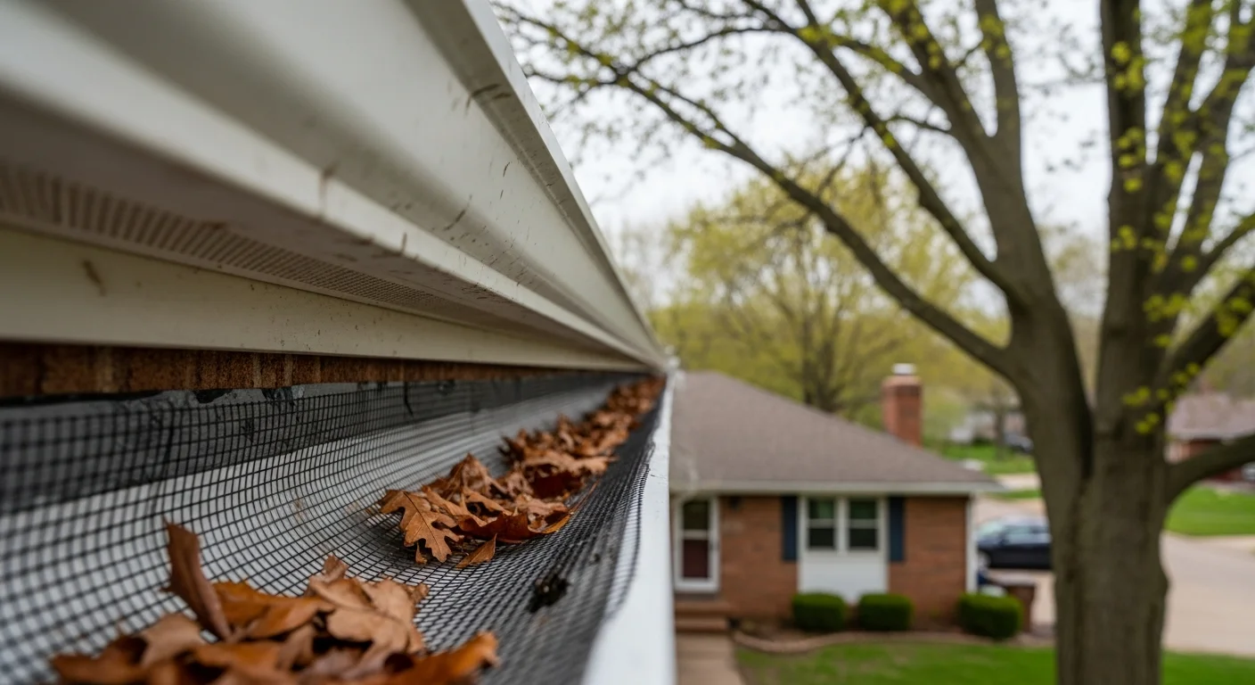 Close-up view of a gutter guard installed on a single-family home in Shawnee, Kansas, with oak and maple leaves resting on top of the guard while the gutter channel below stays clear. A residential neighborhood with mature trees is visible in the background.