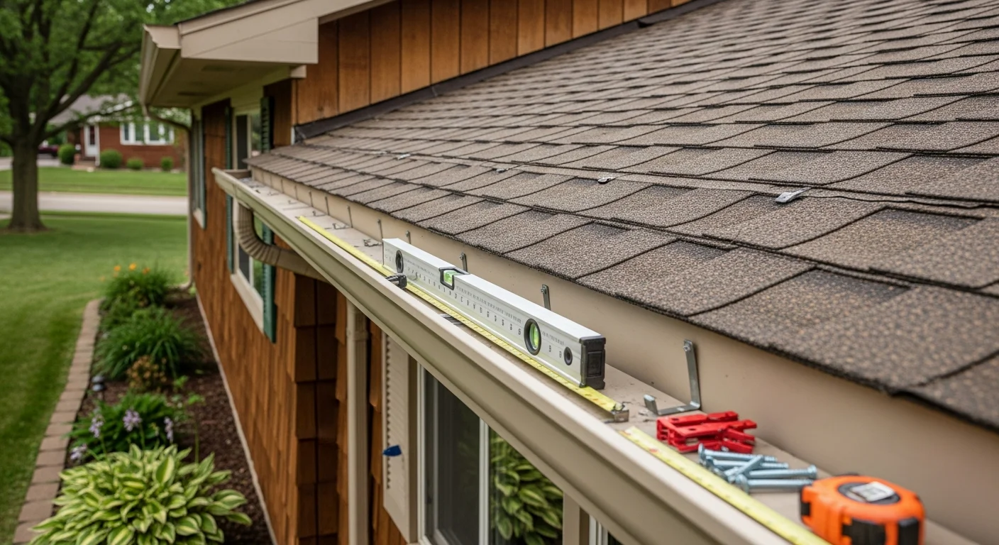A newly installed gutter system running along the roofline of a single-family home in Shawnee, Kansas, with a downspout directing water away from the foundation. The gutters are cleanly mounted to the fascia board with even spacing on a ranch-style home.