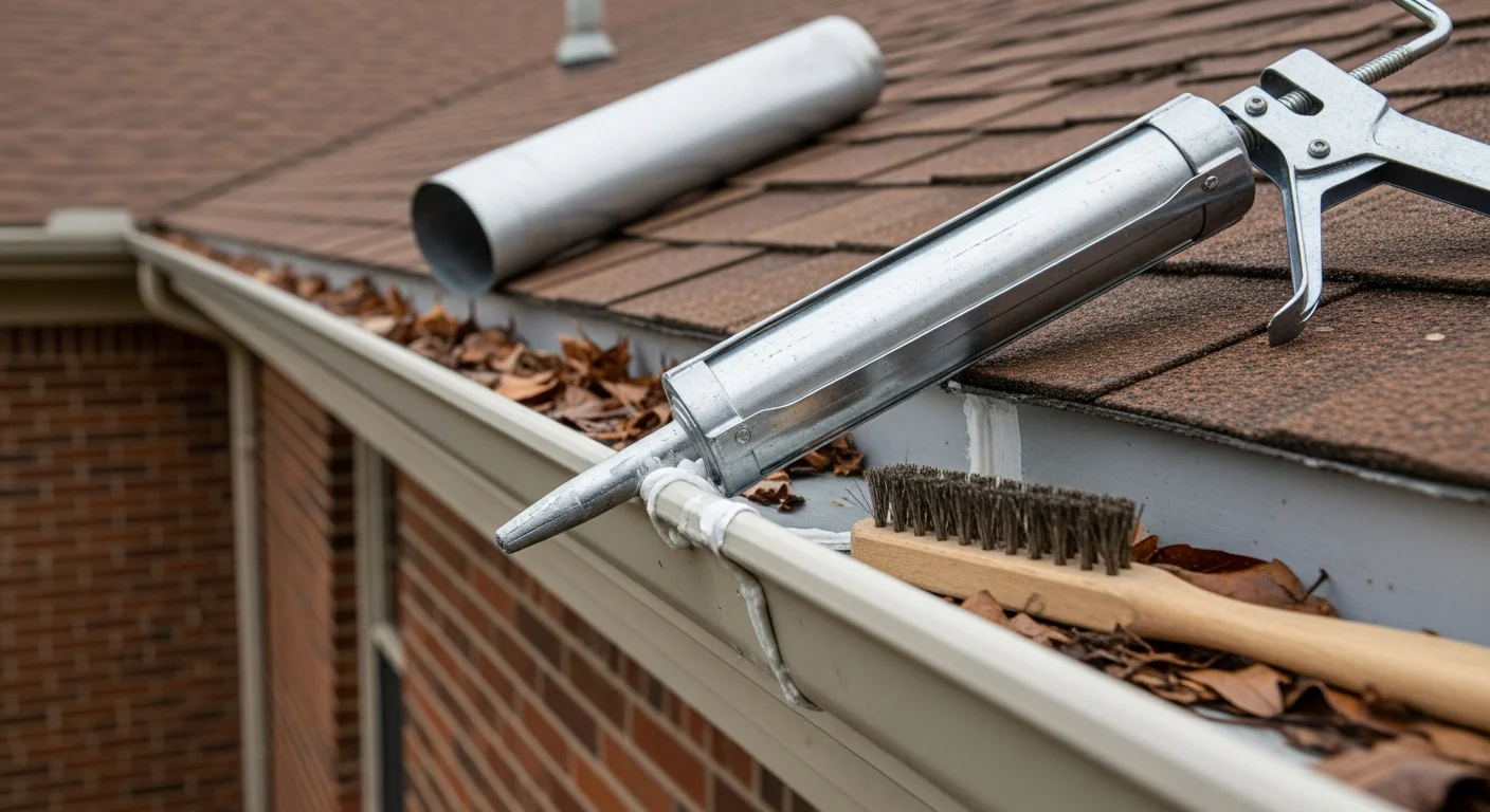 A 1A Roofing technician resealing a leaking gutter joint on a single-story Shawnee, KS home with mature trees visible in the background. The repaired section shows clean sealant applied along the seam where the gutter meets the downspout bracket.