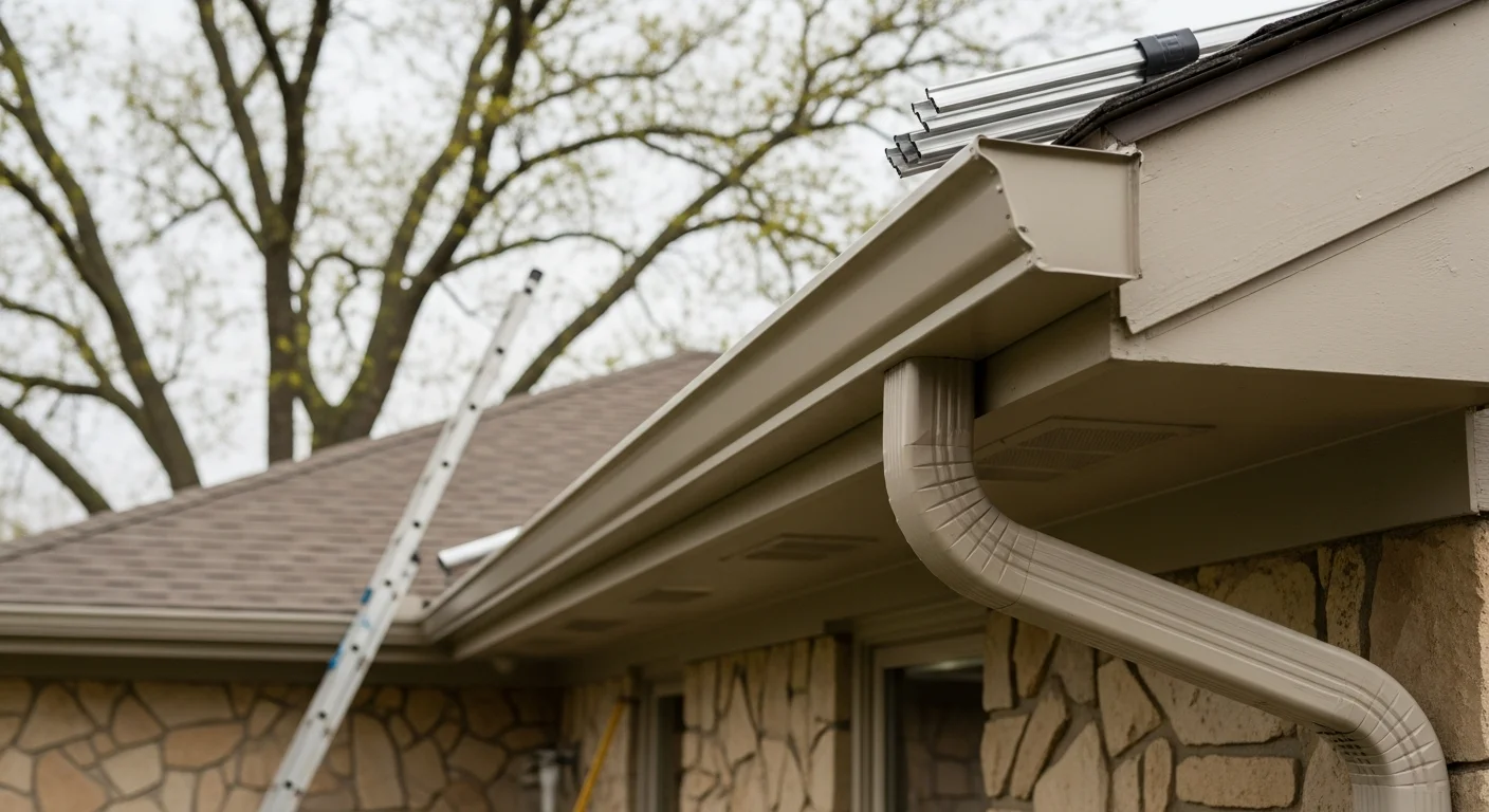 New gutter system installed along the roofline of a Shawnee, Kansas home, with downspouts positioned to direct water away from the foundation. The replacement gutters are securely mounted to the fascia on a residential property surrounded by mature trees.