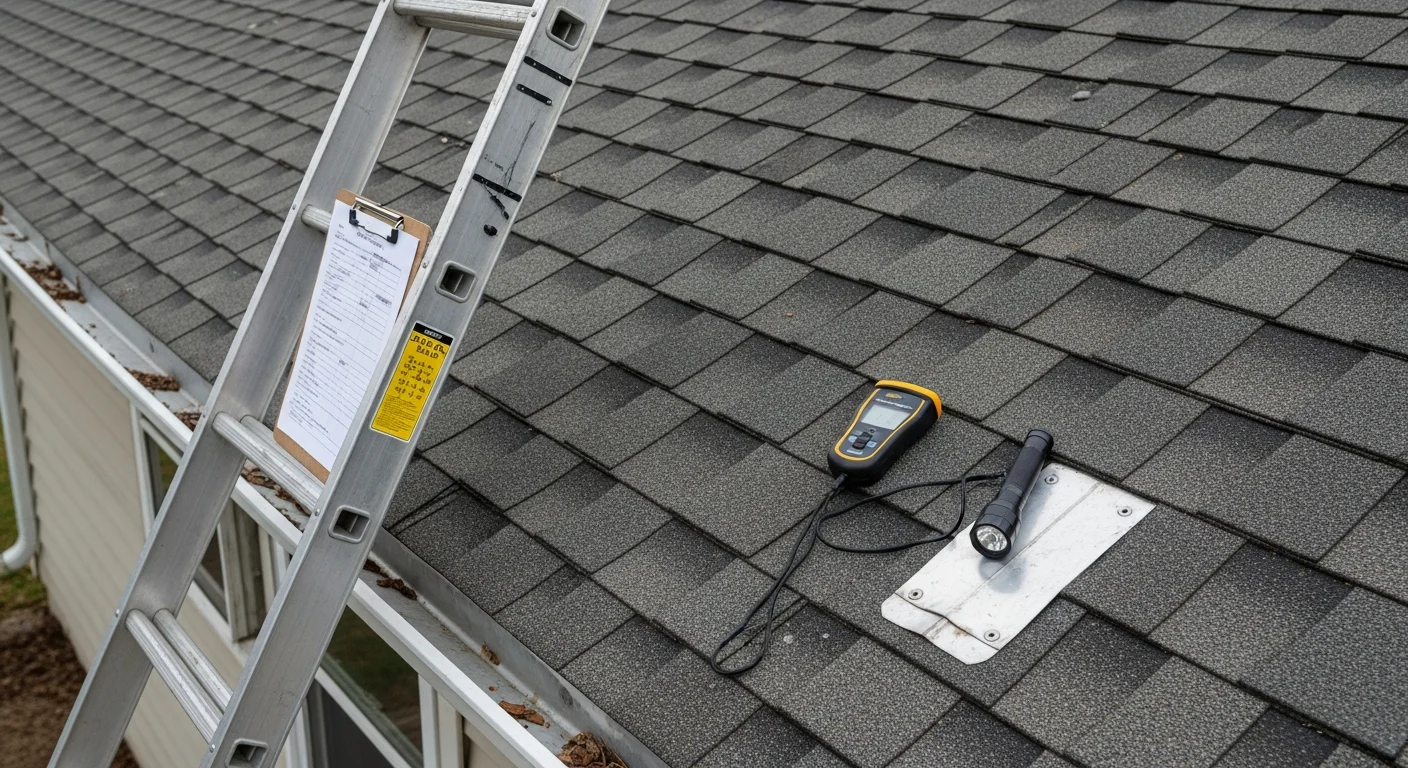 A 1A Roofing contractor inspecting shingles and flashing on a residential roof in Shawnee, KS. The inspector examines the roof surface up close following a storm weather event.