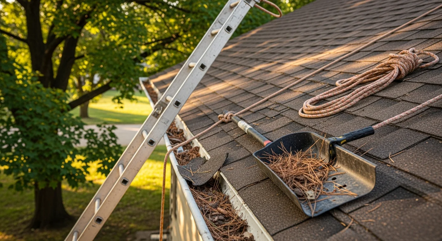 A 1A Roofing contractor inspecting shingles and flashing on a residential roof in Shawnee, KS. The image shows a close view of the roof surface with gutters visible along the roofline.