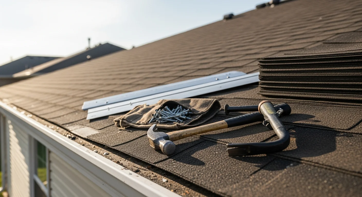A Shawnee, KS residential roof after repair work, showing replaced shingles and sealed flashing on a ranch-style home. The repaired section blends with the surrounding roof surface against a typical Johnson County suburban backdrop.