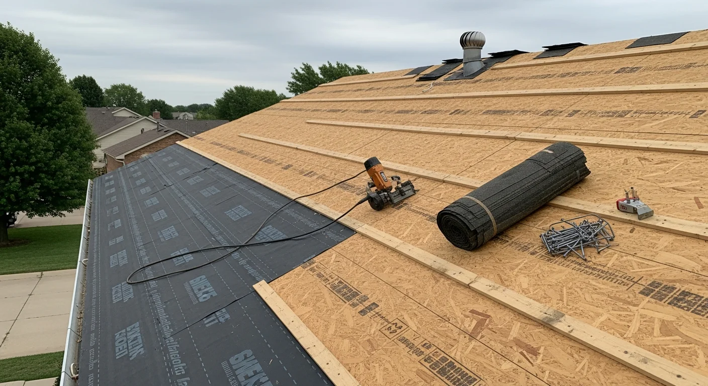 A completed residential roof replacement on a single-family home in Shawnee, KS, showing new shingles installed across the full roof deck. The home sits in an established Shawnee neighborhood with mature trees visible in the background.